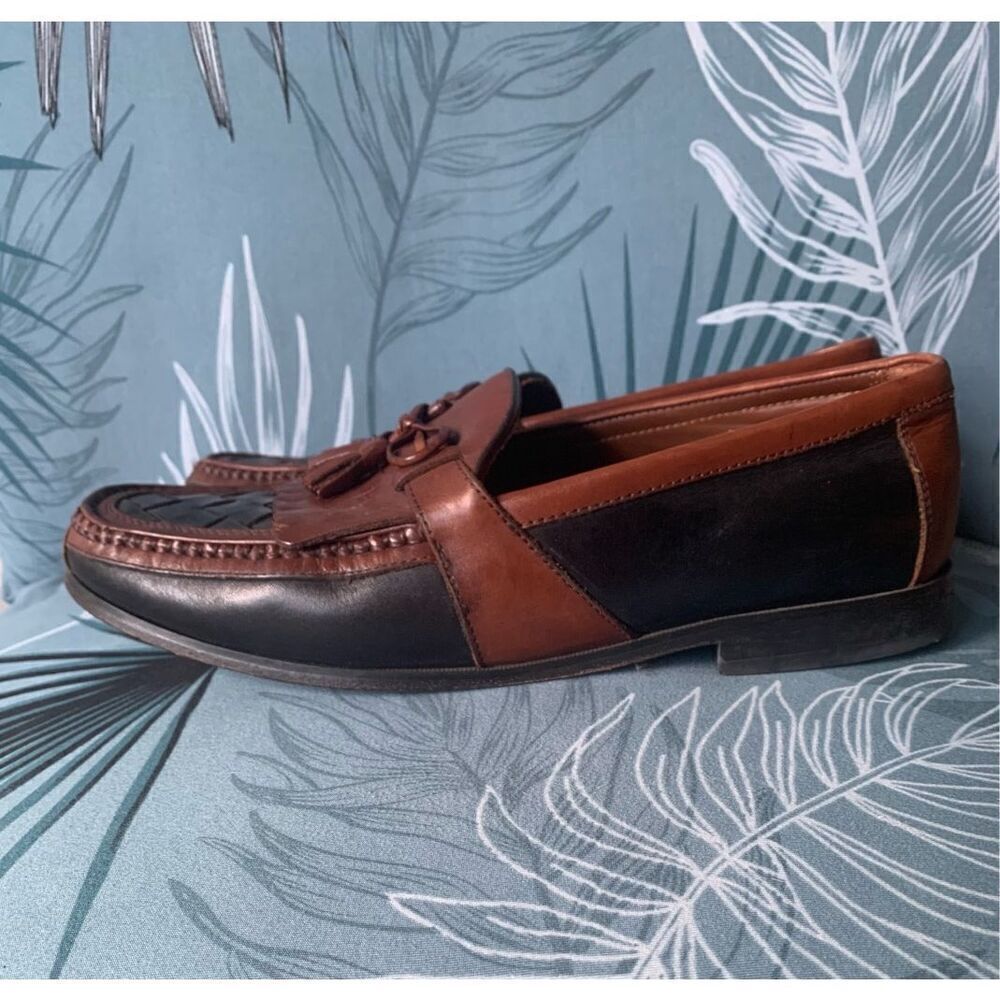 Johnston & Murphy Black Brown woven HALSEY TASSLE Leather Dress Shoes mens 12 WI